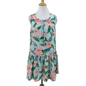 C&E Dress Women XS Extra Small Aqua Floral Lined Flounce Hem Keyhole Tie Spring